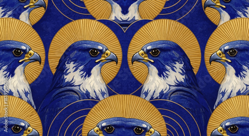 Intricate art deco pattern featuring a blue falcon head with golden halo perfect for luxury textile design or sophisticated wallpaper