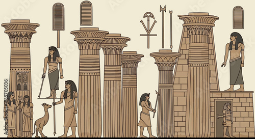 Detailed historical illustration of Ancient Egyptian architectural elements featuring various columns deities and figures ideal for educational content or cultural design projects