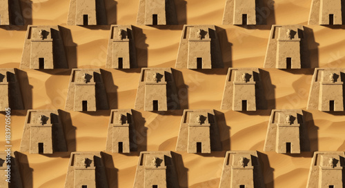 A repeating pattern of minimalist sandcastles or desert towers casting long shadows on a textured sandy surface ideal for backgrounds or architectural concepts
