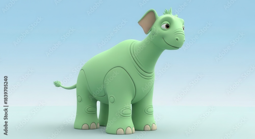 Fototapeta premium Cute, friendly, animated prehistoric creature stands against a soft light blue background