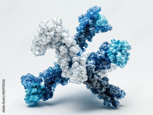 Abstract crystalline object in shades of blue and white on a white background. AI.