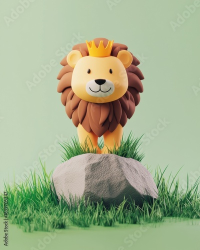 Cartoon lion with a golden crown standing on a rock surrounded by grass on a green background. AI.