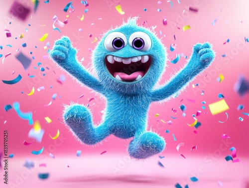 Blue, furry character with arms raised in confetti. AI.