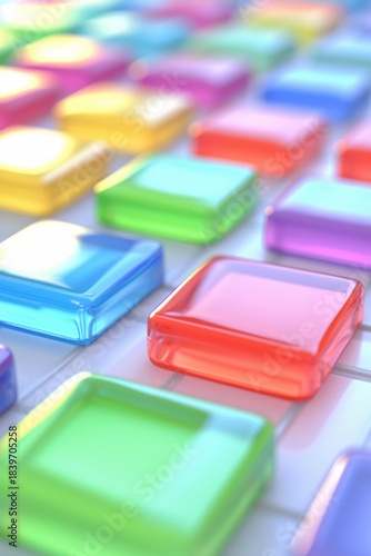 Colorful, glossy  tiles are arranged in rows on a white surface, with a shallow depth of field. AI.