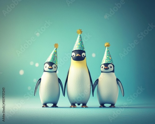 Three penguins stand side-by-side wearing polka dot party hats with stars on top against a blue background. AI.