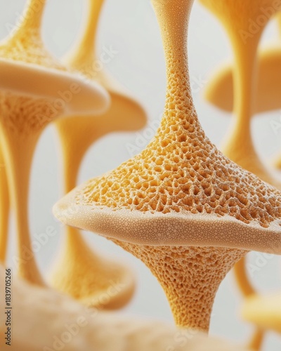 Abstract yellow structures with honeycomb patterns and smooth surfaces are arranged in a repeating, stylized formation. AI.