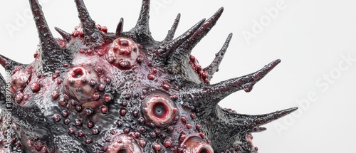 Dark, textured sphere with spikes and red droplets is displayed against a bright background. AI.