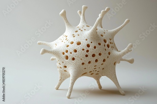 A white, porous, spiky object stands on a white surface with a neutral background. AI.