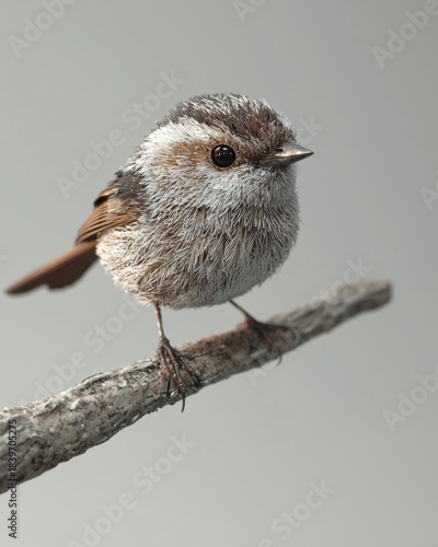 Small bird perched on a branch. The bird is brown and white with a black eye. The branch is light gray. AI.