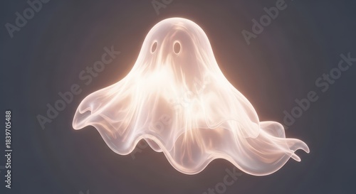 Luminous ethereal spirit figure floats gently against a dark background
