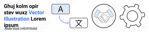 Language translation, business communication, teamwork, technical design, globalization, technology. Illustrated icons include text translation, handshake for collaboration, and a gear symbol