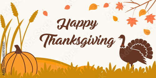 Happy Thanksgiving Typography Banner with Turkey Pumpkin and Autumn Leaves