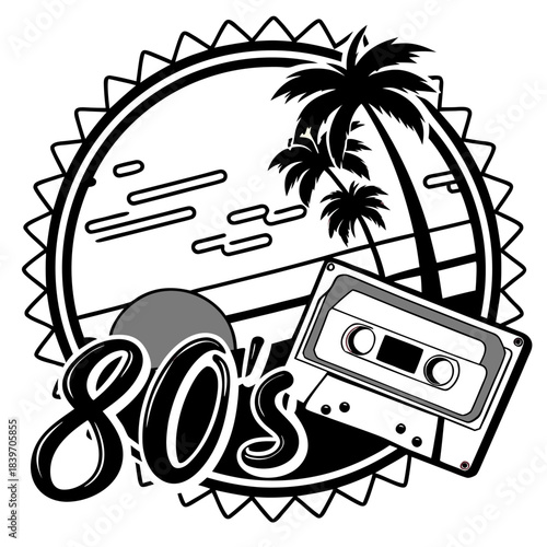Retro 80s Summer Badge with Cassette Tape and Palm Trees Vector Illustration