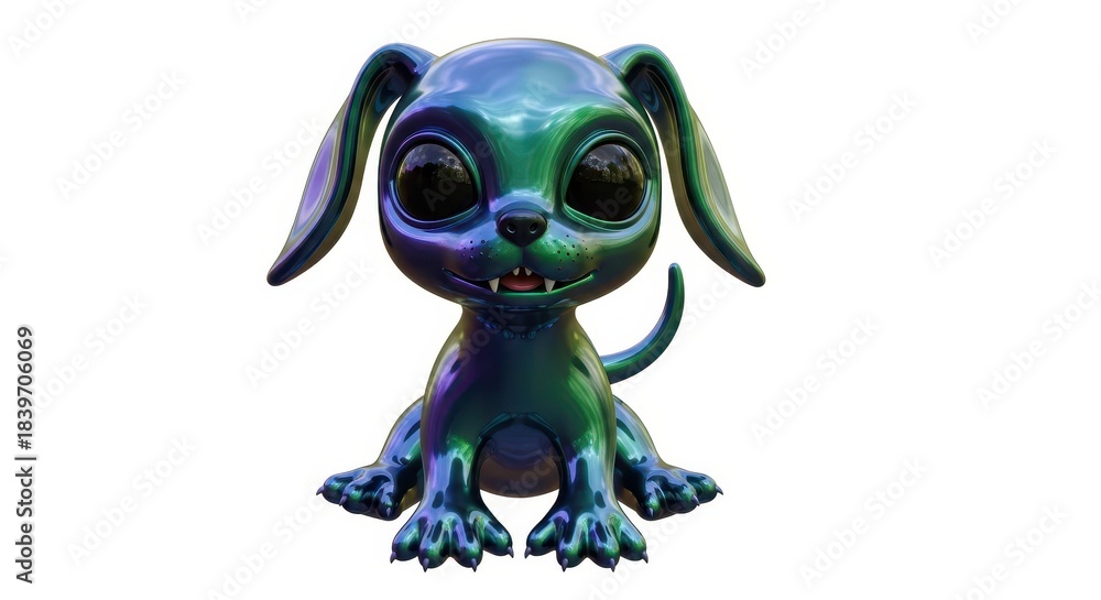 Obraz premium Shiny iridescent stylized canine creature with large eyes sits facing forward