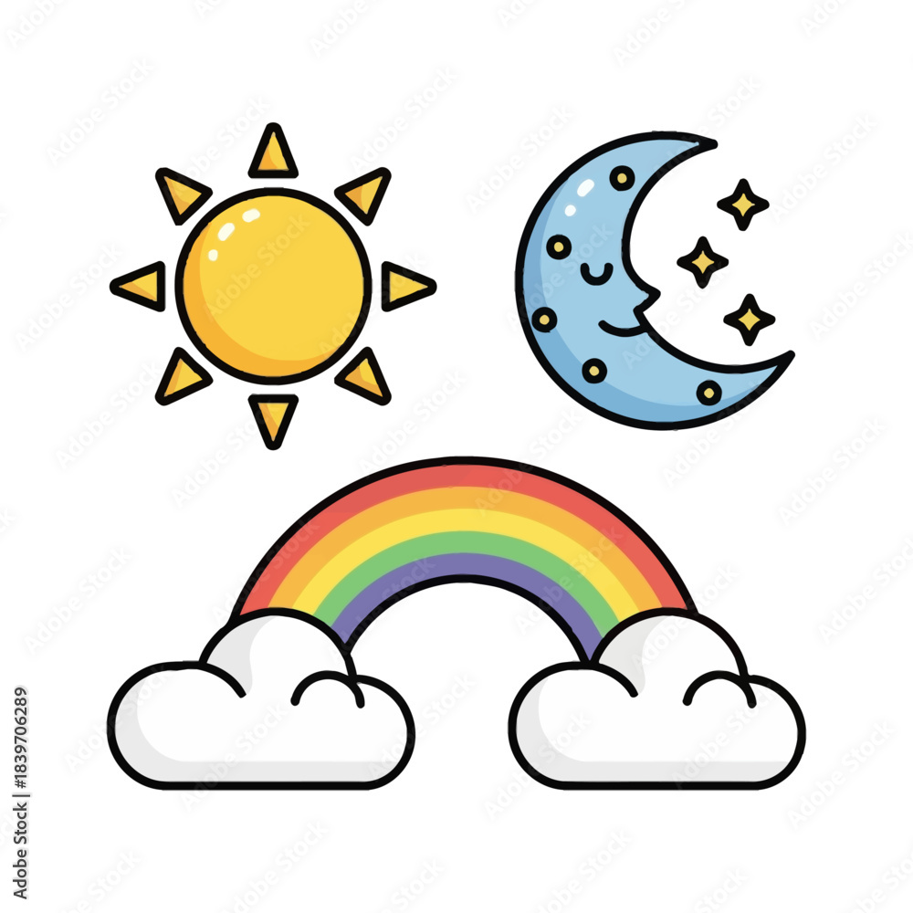 Obraz premium A collection of weather-related icons including a sun, a crescent moon with stars, and a rainbow with clouds.