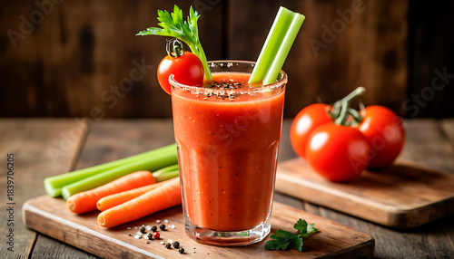 Bloody mary cocktail or vegetable smoothie with celery and tomato on a wooden table. Healthy drink for breakfast or brunch.