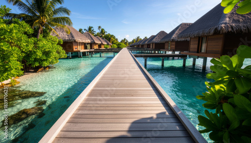 Fototapeta Naklejka Na Ścianę i Meble -  Hyper-realistic overwater bungalow resort in a tropical island, crystal-clear lagoon