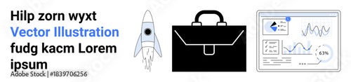 Entrepreneurship, business strategy, data analytics, startup growth, innovation, digital transformation. Rocket, briefcase analytics dashboard with charts. Entrepreneurship and business strategy