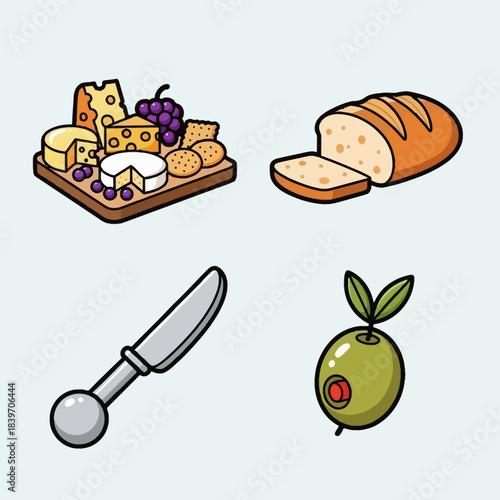 A collection of delicious food items including a cheese board with various cheeses and grapes, a sliced loaf of bread, a knife, and a single green olive.