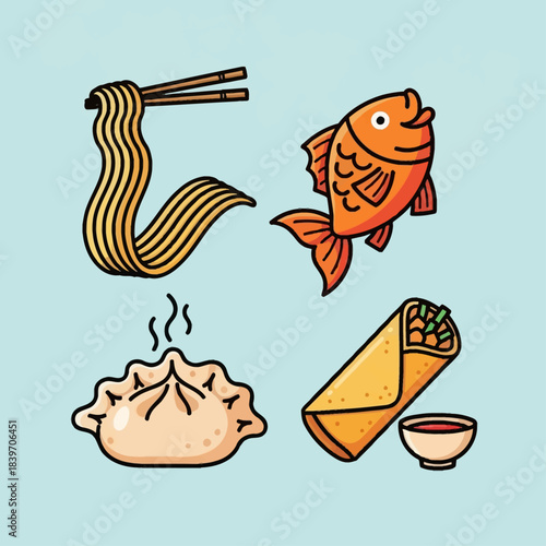 A vibrant collection of popular Asian food items including noodles, a fish, a dumpling, and a spring roll with dipping sauce.