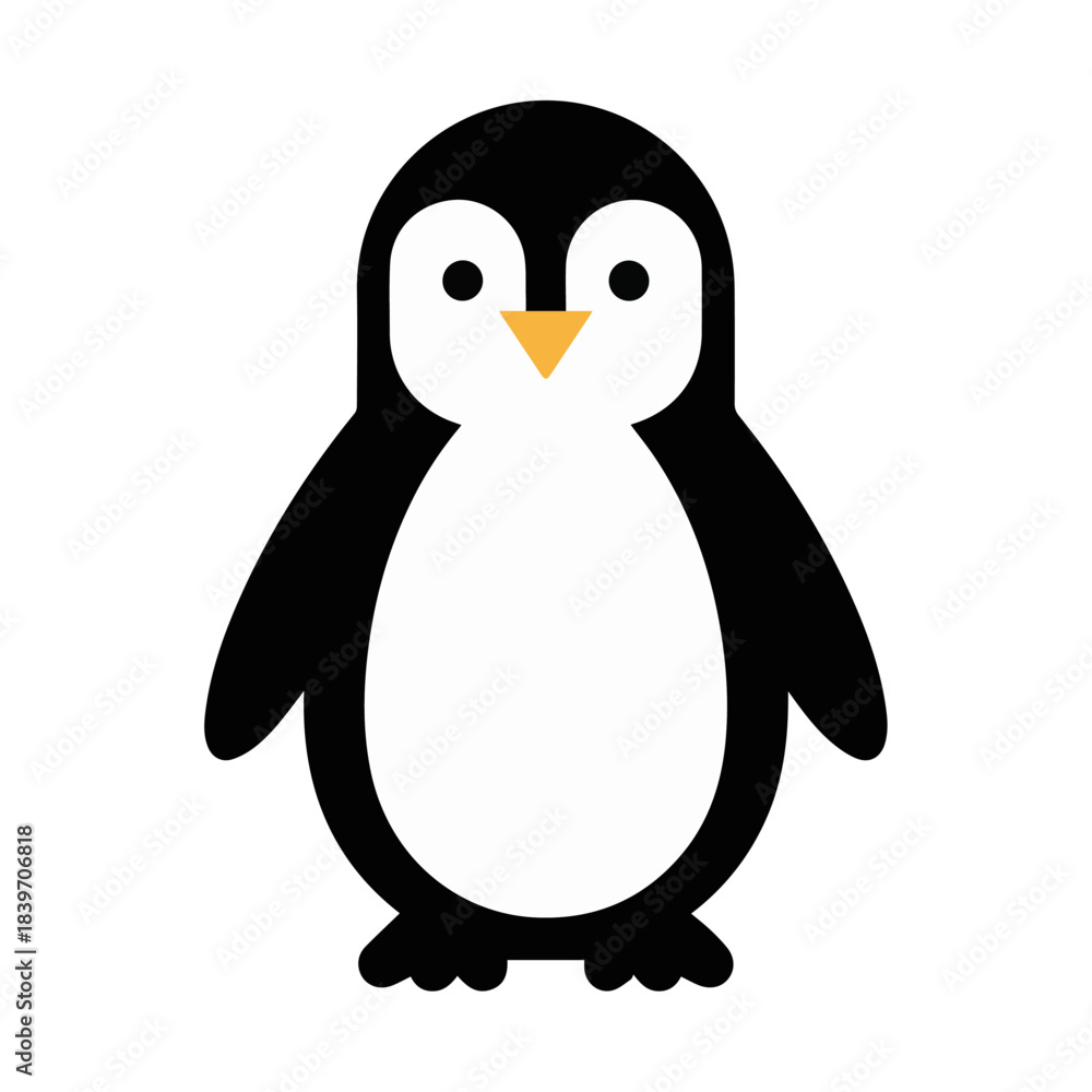 Obraz premium A cute, front-facing vector icon of a chubby penguin, featuring a simple black and white design with yellow accents on the beak