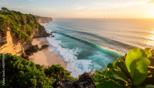 Fototapeta Naklejka Na Ścianę i Meble -  Holiday, Photorealistic view from an infinity pool at a Bali cliffside resort in Uluwatu