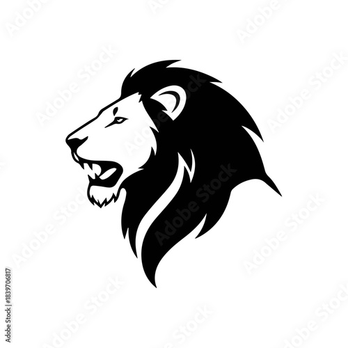 A powerful vector silhouette of a lion's head, roaring or growling, showcasing a detailed mane and strong profile. Perfect for fierce logos or emblems