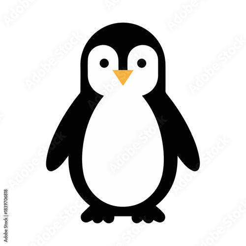 A cute, front-facing vector icon of a chubby penguin, featuring a simple black and white design with yellow accents on the beak