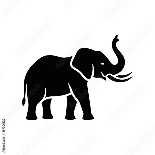 A classic vector silhouette of a large elephant, shown in profile with its trunk raised. Ideal for logos, icons, and wildlife themes