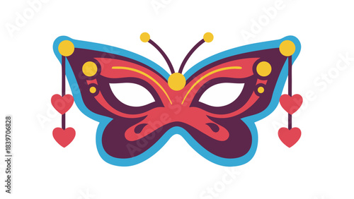 Decorative Butterfly Masquerade Mask with Red Hearts and Yellow Accents on Black Background Festive Celebration Accessory