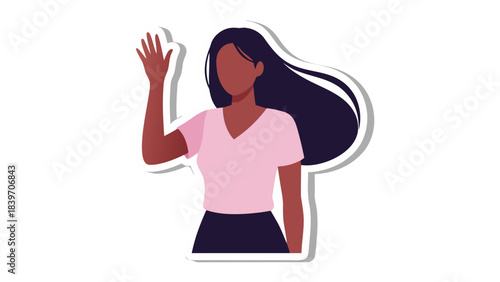 Dark Skinned Woman Wearing Pink V Neck Shirt and Dark Skirt Waving Hello With Long Dark Hair Blowing in the Wind Simple Flat Illustration