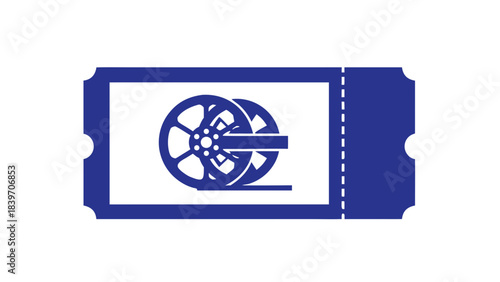 Deep Blue Silhouette of a Movie Ticket Integrated With a Film Reel Symbol on a Black Background Representing Cinema and Entertainment