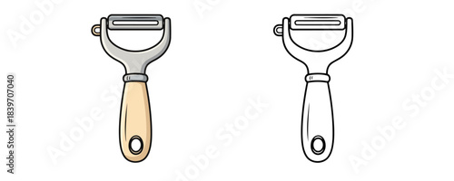 Stylized vector illustration of a swivel-blade vegetable peeler with a beige wooden handle and a black outline drawing