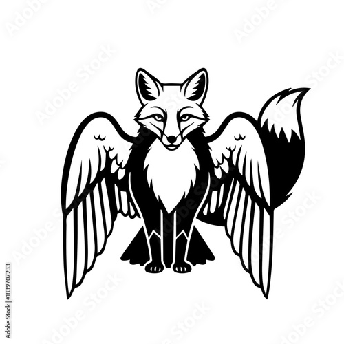 A stylized vector illustration of a winged fox (chimeric creature), presented in a detailed black and white outline/line art style