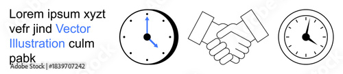 Time management, collaboration, agreements, punctuality, teamwork, scheduling. Two clocks and a handshake icon collaboration and time management concepts. Time management and collaboration