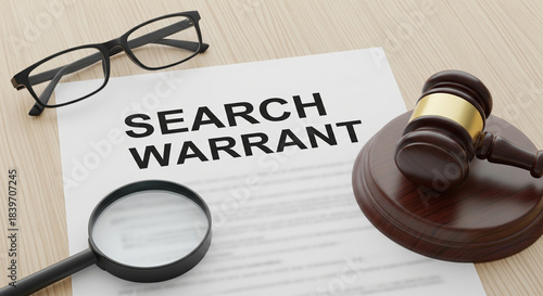 Search warrant document with gavel, magnifying glass, and eyeglasses on a wooden desk