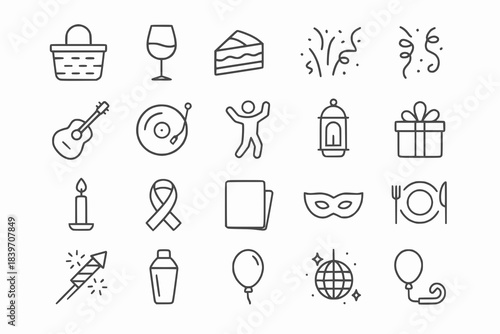 Set of linear line art icons for gatherings and celebrations with party and festive elements