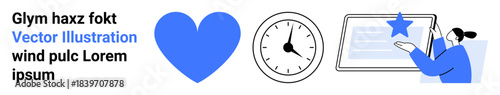 Time management, productivity, digital interaction, organization, goal tracking, work-life balance. Blue heart, clock and person pointing to a monitor. Time management and productivity concept