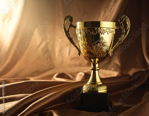 An elegant ornate gold trophy cup depicting achievement and success on a soft backgro