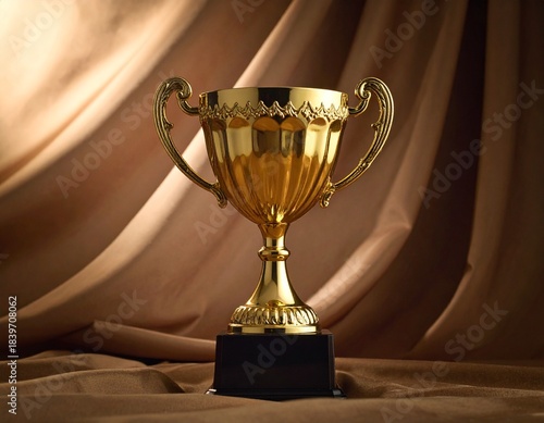 An elegant ornate gold trophy cup depicting achievement and success on a soft backgro