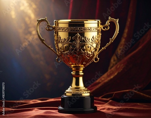 An elegant ornate gold trophy cup depicting achievement and success on a soft backgro