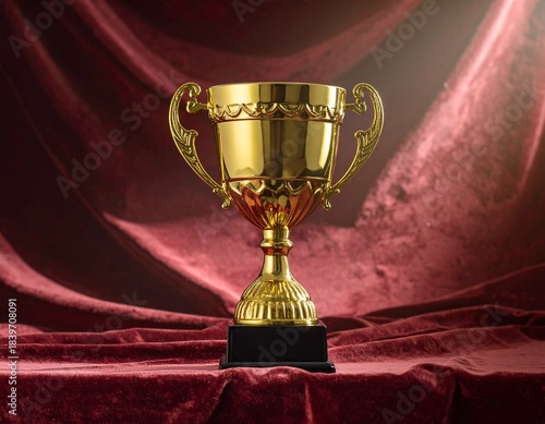 An elegant ornate gold trophy cup depicting achievement and success on a soft backgro
