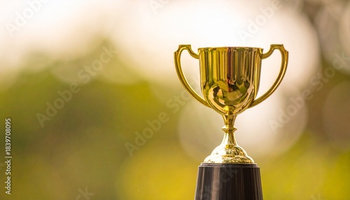 An elegant ornate gold trophy cup depicting achievement and success on a soft backgro