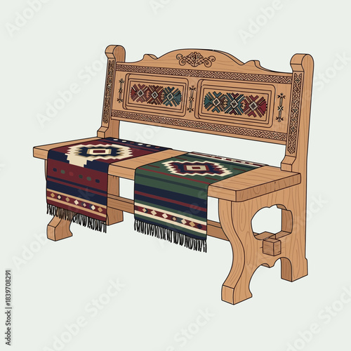 Wooden vintage bench with embroidered fabric cushions and decorative backrest design perfect for