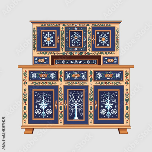 Colorful Painted Wooden Sideboard with Floral and Tree Designs in Folk Art Style