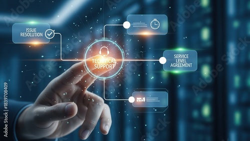 Hand connecting support ticket interface symbolizing help desk automation, issue resolution, service level agreement, and technical support