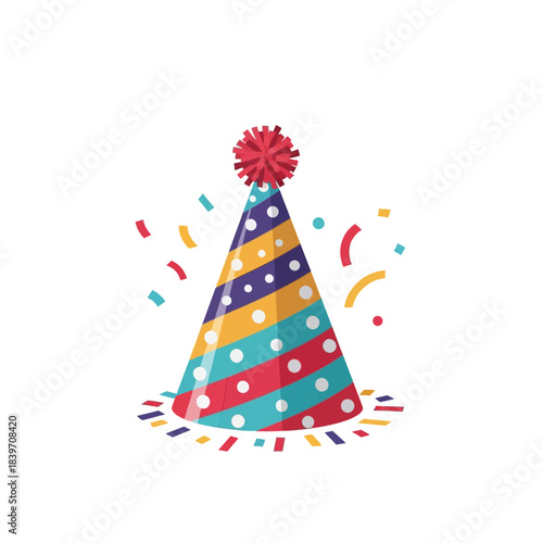 Party Hat Icon – Colorful Cone Hat with Confetti, Stripes, and Polka Dots in Festive Celebration Style
