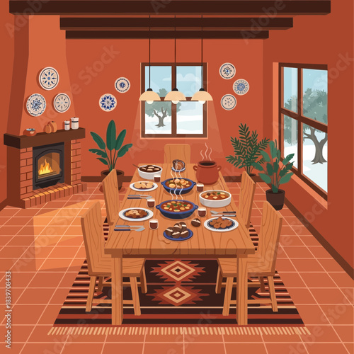 Cozy rustic dining room setup with a large wooden table, decorative plates on the wall, and lush