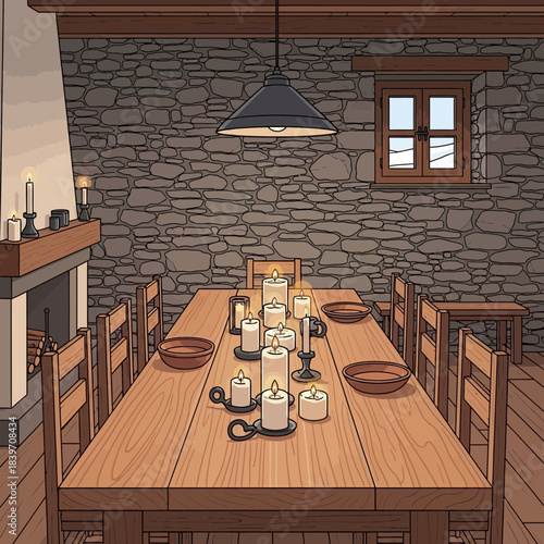 Cozy rustic dining room setup with candlelit table and stone wall background