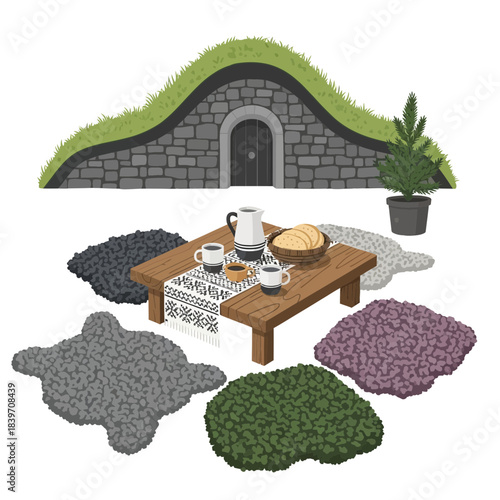 cozy outdoor garden seating area with stone and grass elements creating a peaceful natural space